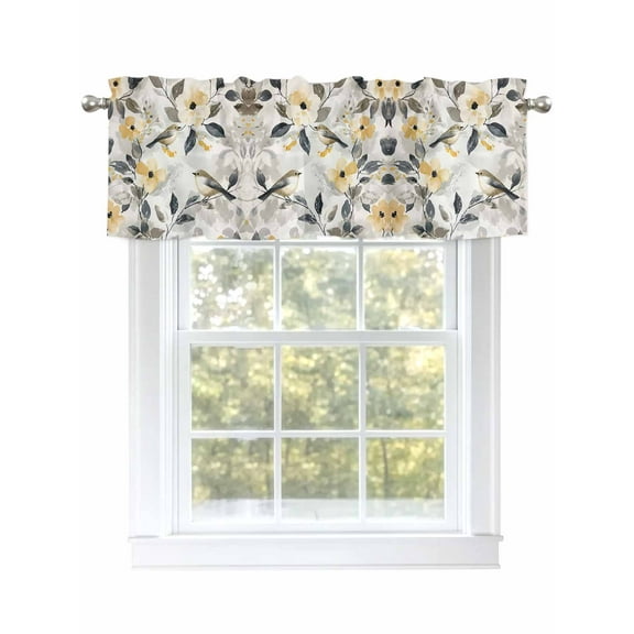 Yellow Grey Botanical Curtain Valances for Windows, Spring Floral Birds Watercolor Kitchen Valance Window Treatment, Light Filtering Block Curtains for Bathroom/Bedroom/Living Room 42'' x 12''