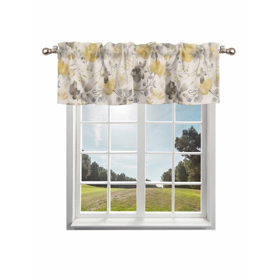 Yellow Grey Botanical Kitchen Curtain Valances for Windows Farmhouse Short Curtains, Spring Floral Watercolor Rustic Rod Pocket Valance Curtain for Bedroom Cafe Living Room 56"x16"