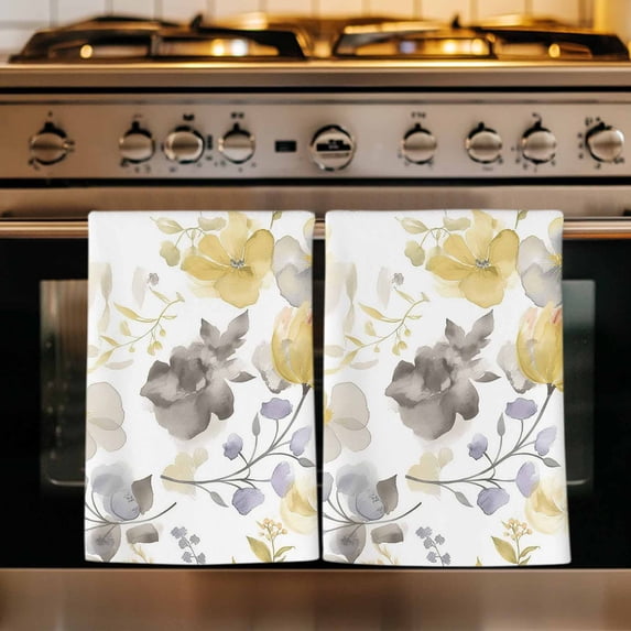 Yellow Grey Botanical Kitchen Towels Set of 2, Spring Floral Watercolor Absorbent Dish Towels for Kitchen, Microfiber Hand Towel, Quick Drying Tea Towel for Cleaning Decorative Dishcloths