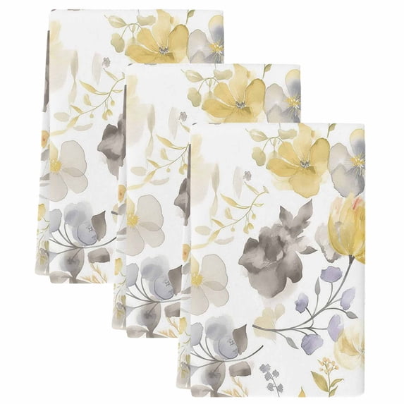 Yellow Grey Botanical Kitchen Towels Set of 3, Spring Floral Watercolor Soft Microfiber Dish Towels, Absorbent Quick-Dry Washable Dishcloths for Kitchen Cleaning, Drying Dishes, 18x28 Inches