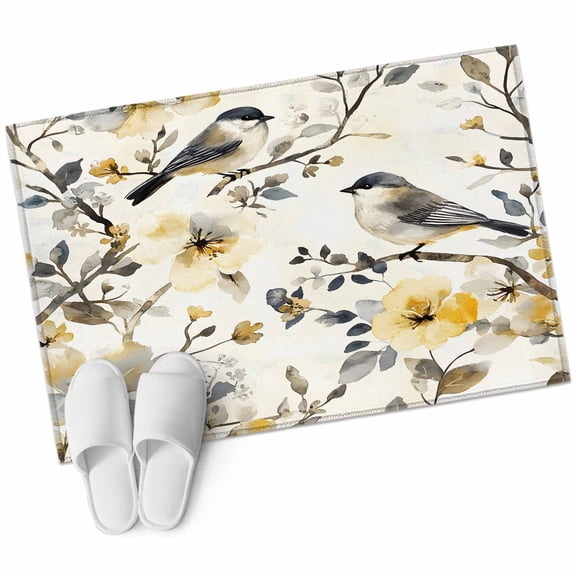 Yellow Grey Botanical Large Area Rugs for Bedroom Living Room, Soft Non Slip Carpet Bedside Rug, Spring Floral Summer Birds Vintage Rectangular Floor Cover Kitchen Accent Rug 2'x3' for Office