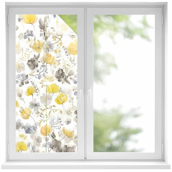 Yellow Grey Botanical Privacy Window Film, Decorative Frosted Glass Window Film, Spring Floral Watercolor Reusable Peel and Stick Static Cling for Home Bathroom Office Glass Door 17.7"x39.3"