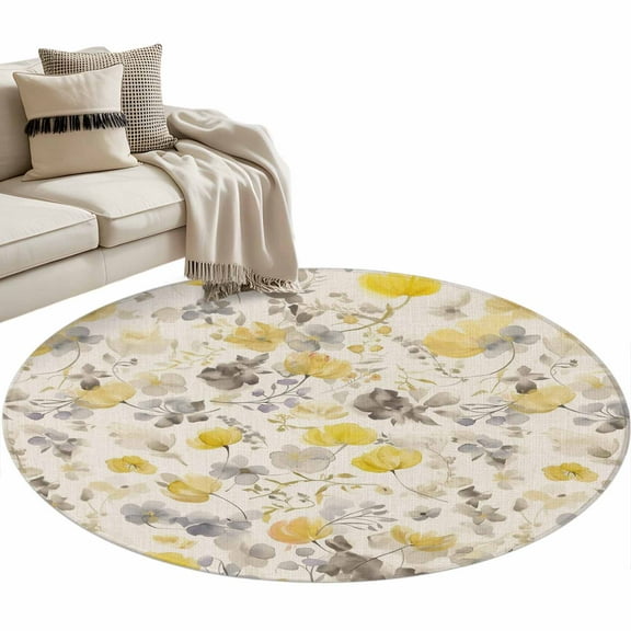 Yellow Grey Botanical Round Area Rug 4ft, Spring Floral Watercolor Rustic Washable Non-Slip Circle Rugs for Bedroom Living Room Kitchen, Soft Non Shedding Circle Carpet for Dining Room Dorm