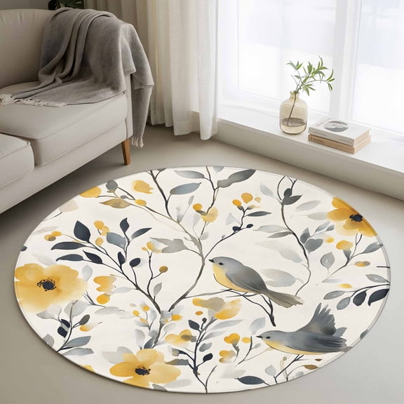 Yellow Grey Botanical Round Rug 3ft Washable Circle Entryway Rugs Non Slip Birds Spring Floral Pastoral Area Rug Indoor Floor Carpet for Bedroom Kitchen Living Room Home Office Dining Room Nursery