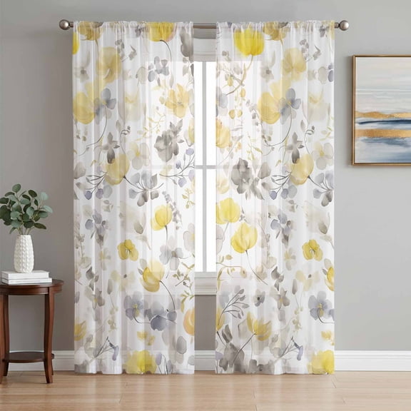 Yellow Grey Botanical Semi Sheer Curtains 84 Inch Length 2 Panels Set, Spring Floral Watercolor Sheer Kitchen Curtain Privacy Voile Window Curtain for Living Room Bedroom Rod Pocket Drapes