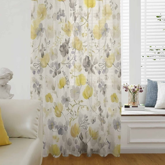 Yellow Grey Botanical Semi Sheer Curtains Drapes for Living Room, Bedroom, French Doors Window 108 Inches Long, Spring Floral Watercolor Rustic Rod Pocket Chiffon Curtain Drapery Voile Drape Panel
