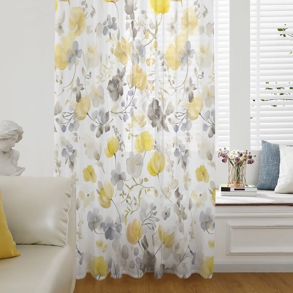 Yellow Grey Botanical Sheer Curtains 45 Inch Length, Light Filtering Voile Curtain Panel, Spring Floral Watercolor Rod Pocket Drapes Window Treatments for Living Room Bedroom 52"x45"