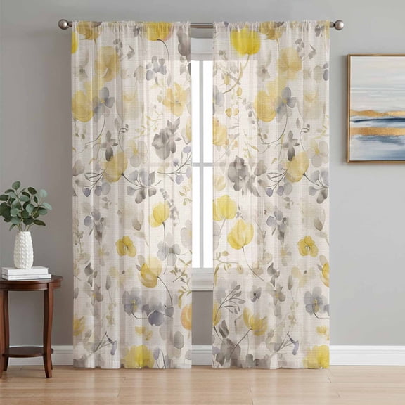Yellow Grey Botanical Sheer Curtains 63 Inch Length 2 Panels Set, Spring Floral Watercolor Rustic Voile Window Treatment Rod Pocket Curtains Sheers Drapes for Bedroom/Living Room/Kitchen 52x"63"x2