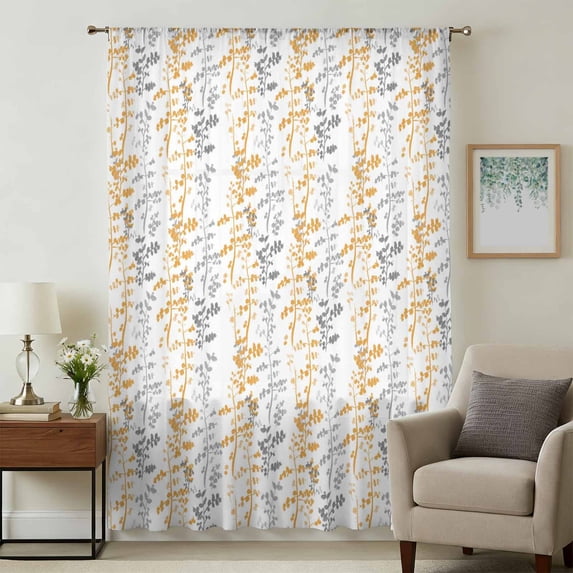 Yellow Grey Botanical Sheer Curtains 63 Inches Long, Spring Floral Summer Farmhouse Light Filering Curtains, Breathable Simi Curtain Privacy Drapes for Living Room Bedroom Window Treatment
