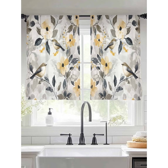 Yellow Grey Botanical Sheer Curtains for Living Room Bedroom Spring Floral Birds Watercolor Sheer Curtains 45 Inch Long 2 Panels Set Light Filtering Curtain Window Treatments Drapes for Dining Room