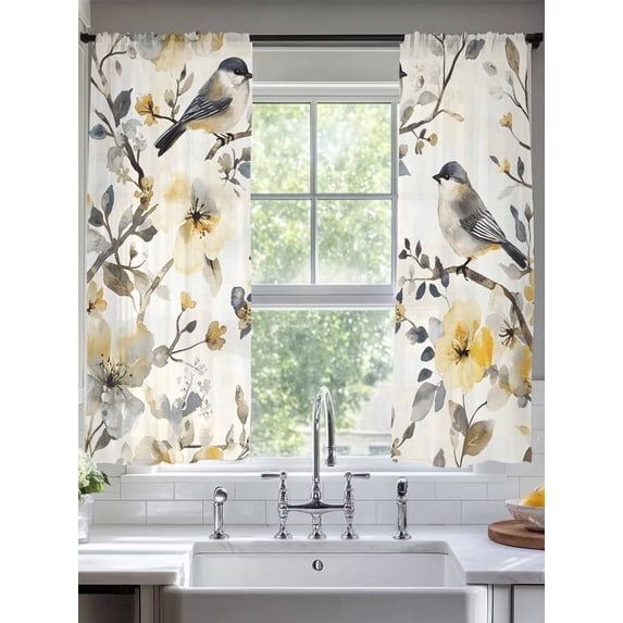 Yellow Grey Botanical Sheer Curtains for Living Room Bedroom Spring Floral Summer Birds Vintage Sheer Curtains 63 Inch Long 2 Panels Set Light Filtering Curtain Window Treatments Drapes