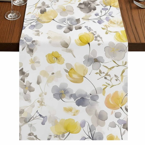 Yellow Grey Botanical Short Table Runner 36 Inches Long, Spring Floral Watercolor Cotton Linen Table Runners Dresser Scarves, Fabric Tabletop Scarf Furniture Cover for Home Dinner Party Decor 13"x36"