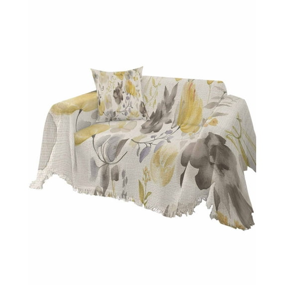Yellow Grey Botanical Sofa Couch Covers for Dogs, Washable Sectional Couch Slipcovers for Loveseat with Tassels, Spring Floral Watercolor Rustic Non Slip Sofa Throw Cover Blanket L 71''x102''