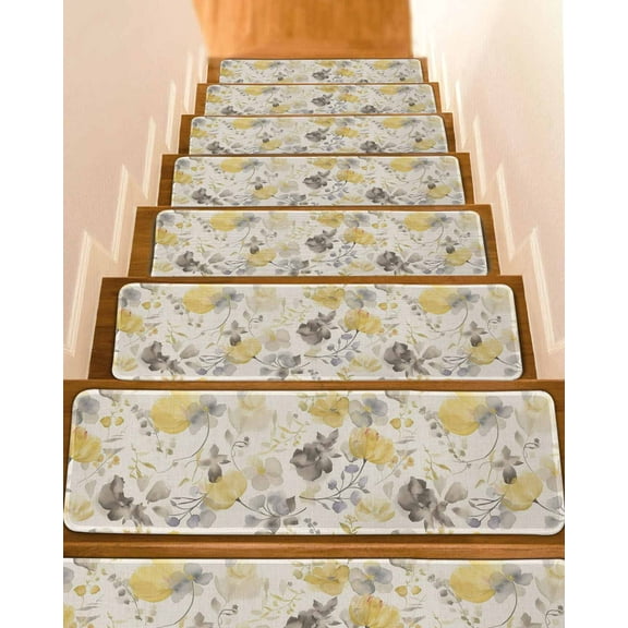 Yellow Grey Botanical Stair Treads for Wooden Steps Indoor Runner Rug Carpet, Spring Floral Watercolor Rustic 15 Pieces Peel and Stick Staircase Step Treads Covers Washable Throw Door Mats, 30"x8"