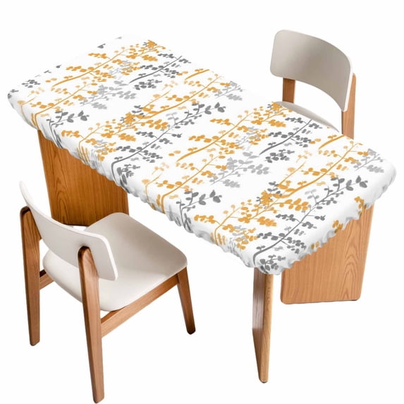 Yellow Grey Botanical Table Cloths for 3 Foot Rectangle Tables, Spring Floral Summer Farmhouse Patio Waterproof Elastic Fitted Tablecloths, Washable Rectangular Table Cover for Camping