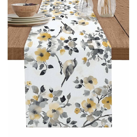 Yellow Grey Botanical Table Runner 36 Inches, Spring Floral Birds Retro Summer Bed Runner Dresser Scarves Tabletop for Indoor Outdoor Parties/Ceremony/Banquet, 13"x 36"