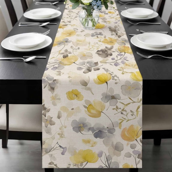 Yellow Grey Botanical Table Runner 70 Inches Long, Spring Floral Watercolor Rustic Kitchen Coffee Dining Table Decoration for Home Party Birthday Wedding Home Decor 13x70 Inches