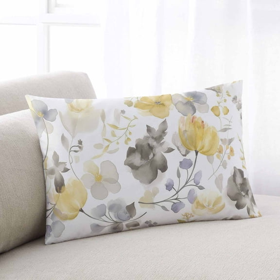 Yellow Grey Botanical Throw Pillow Covers, Spring Floral Watercolor Soft Breathable Pillow Cases with Invisible Zipper for Sleeping, Queen Size Pillowcases for Couch Bed Sofa Chair 20x30 Inches
