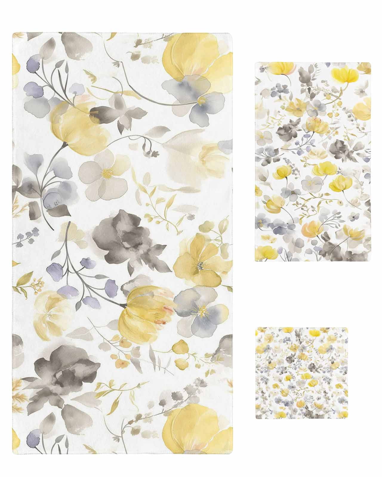 Yellow Grey Botanical Towel Set of 3, Soft Microfiber Bath Towels, Hand Towel, Washcloths, Spring Floral Watercolor Quick-Dry Absorbent Towels for Bathroom Kitchen Hotel Beach Gym Spa