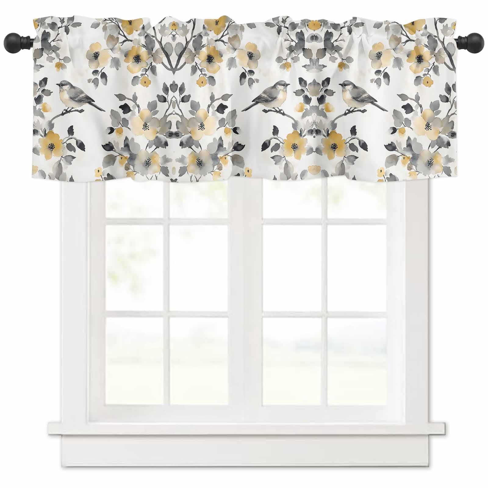 Yellow Grey Botanical Valances for Windows Farmhouse Kitchen Curtains ...