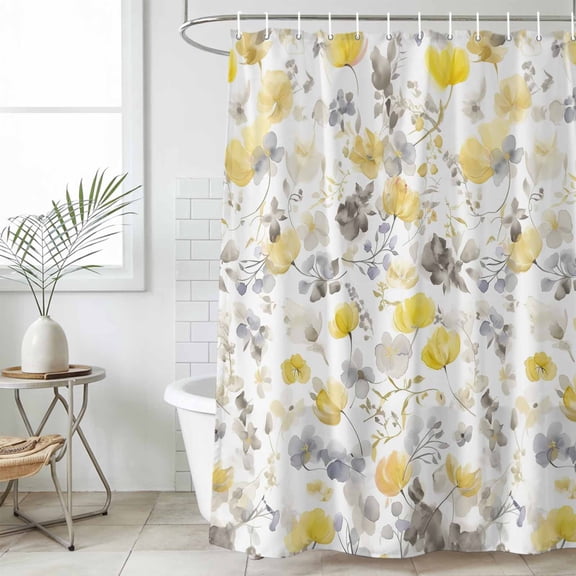 Yellow Grey Botanical Waterproof Fabric Shower Curtain,Spring Floral Watercolor Waterproof Fabric Shower Curtain for Bathroom Curtains Bathtubs Hotel Shower Curtains with 12 Hooks Standard 72x72