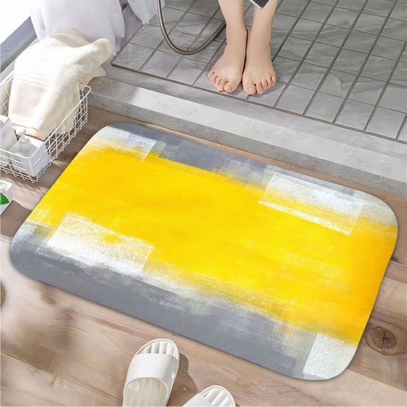 Yellow Grey Brush Luxury Flannel Bathroom Mats 16x24, Extra Soft and Absorbent Non-Slip Shower Rug for Bathroom Floor