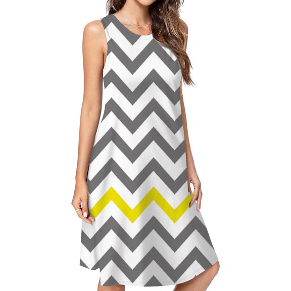 Yellow Grey Chevron Pattern Dress Loose Women'S Dress Beach Dresses With Pockets Dresses For Womens