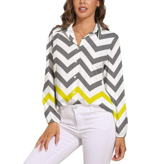 Yellow Grey Chevron Pattern Long Sleeve Blouse Woman Streetwear Casual Shirts Summer Oversize Woman Streetwear Clothing Birthday Present