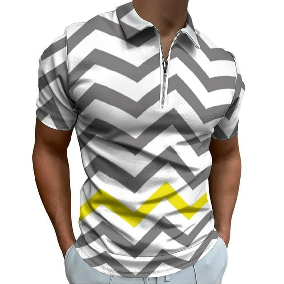 Yellow Grey Chevron Pattern Men Zipper T-shirt Summer Casual Short Sleeve T-shirt Top