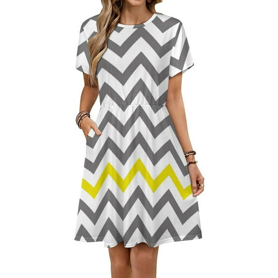 Yellow Grey Chevron Pattern Sundress Short Sleeve Dress Summer Women Clothes Dress for Women Dresses
