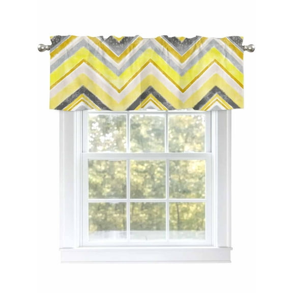 Yellow Grey Chevron Valances for Windows, Rod Pocket Kitchen Valance Curtains - Soft & Washable Small Window Treatment for Living Room, Bathroom, Geometric Design Stripe 54x18inch, 1 Panel