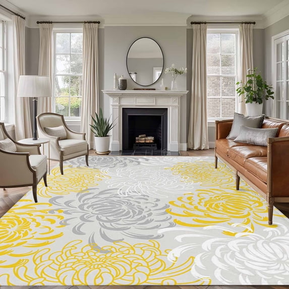 Yellow Grey Chrysanthemum Area Rugs 5x8 for Living Room, Farmhouse Botanical Floral Modern Non Slip Washable Rug Runner, Low Pile Indoor Floor Carpet Mat Bathroom Rugs for Bedroom, Kids Room
