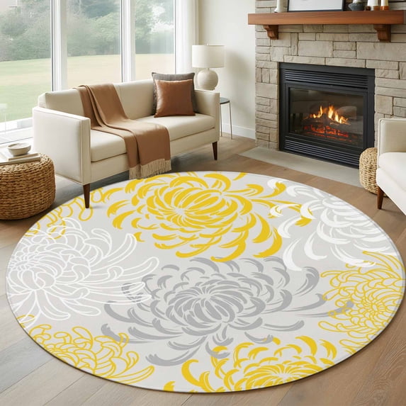 Yellow Grey Chrysanthemum Round Rugs 6ft, Farmhouse Botanical Floral Modern Non Slip Washable Rug Runner, Low Pile Indoor Floor Carpet Mat Bathroom Rugs for Living Room, Bedroom, Kids Room
