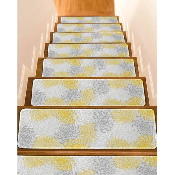 Yellow Grey Chrysanthemum Stair Treads Non Slip Indoor for Wooden Steps, Farmhouse Botanical Floral Modern 4 Pcs Stair Mats for Elders Dogs, 8 x 30 Inch Carpet Treads Runner Rugs for Staircase