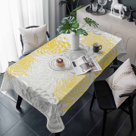 Yellow Grey Chrysanthemum Table Cloth Waterproof Tablecloths, Farmhouse Botanical Floral Modern Tablecloth Dining Table Cover for Kitchen Party Tabletop Outdoor, Rectangle Tablecloth 54x108 Inch
