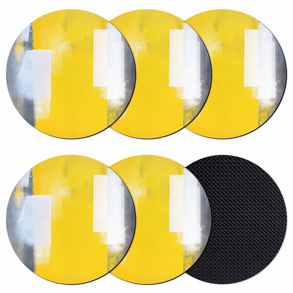 Yellow Grey Coasters Set of 6, Soft Absorbent Coasters for Drinks, Oil Painted Modern Abstract Vintage Non-Slip Cup Coaster Mat with Rubber Bottom for Home Kitchen Desk Coffee Bar Table Decor 4"