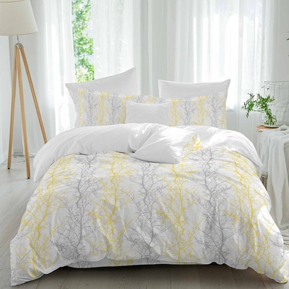 Yellow Grey Comforter Set Queen Size, Tree Branch Soft Bedding Set for Man Woman, 4 Pieces Duvet Cover Set with Fitted Sheet, 2 Pillowcases