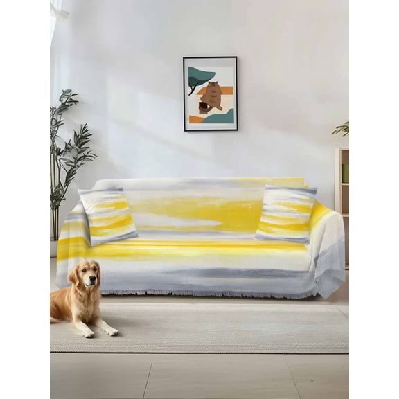 Yellow Grey Couch Cover, Vintage Farmhouse Abstract Oil Painting Oversized Sofa Cover Blanket for 3 Cushion Couch, Sectional Sofa Slipcover Furniture Protector for Living Room Bedroom 71''x150''