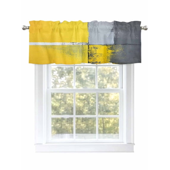 Yellow Grey Curtain Valances for Windows, Oil Painted Art Color Block Abstract Kitchen Valance Window Treatment, Light Filtering Block Curtains for Bathroom/Bedroom/Living Room 42'' x 12''