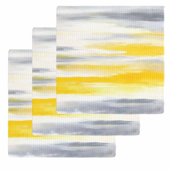 Yellow Grey Dish Towels Set, Waffle Weave Kitchen Towels 3 Pieces, Vintage Farmhouse Abstract Oil Painting Microfiber Hair Face Bath Tea Towel Absorbent Quick Drying Cleaning Dish Cloths, 12"x12"
