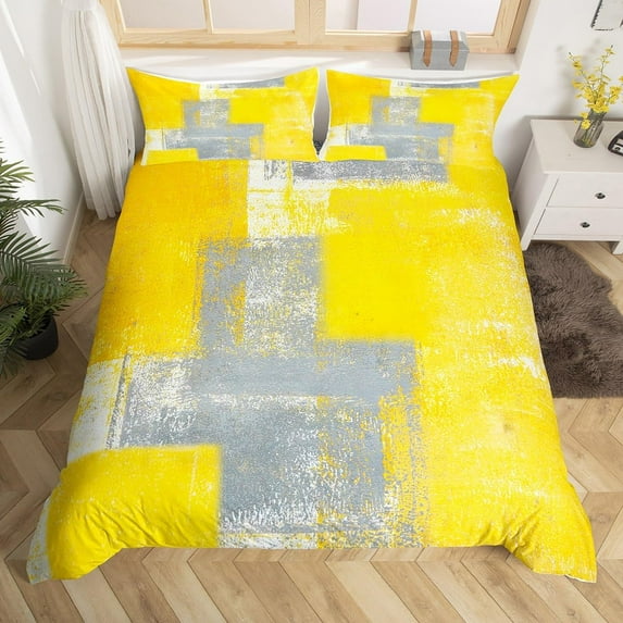 Yellow Grey Duvet Cover, Grunge Ombre Bedding Set for Kids Teens Adult, Graffiti Oil Painting Comforter Cover Soft, Watercolor Contemporary Art Bed Sets with 1 Pillowcase Bedroom Decor