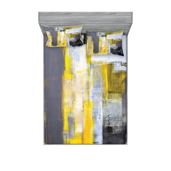 Yellow and Grey Fitted Sheet & Pillow Sham Set, Abstract Art Painting Design Modern Composition Brush Marks Pattern, Decorative Printed 6 Piece Bedding Decor Set, King, Yellow Grey White, by Ambesonne
