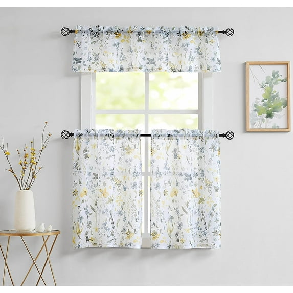 Yellow Grey Floral 3 Piece Kitchen Curtains for Window 36 inch Length for Cafe Bathroom Watercolor Sheer Yellow and Gray Flower Print Tiers and Valances Set Rod Pocket