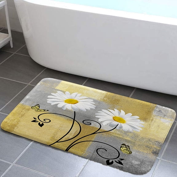 Yellow and Grey Floral Bath Rugs, Daisy Flower on Rustic Country Farmhouse Country Non-Slip Doormat Floor Entryways Indoor Front Door Mat Bath Mat, Modern Minimalist White Bathroom Accessories