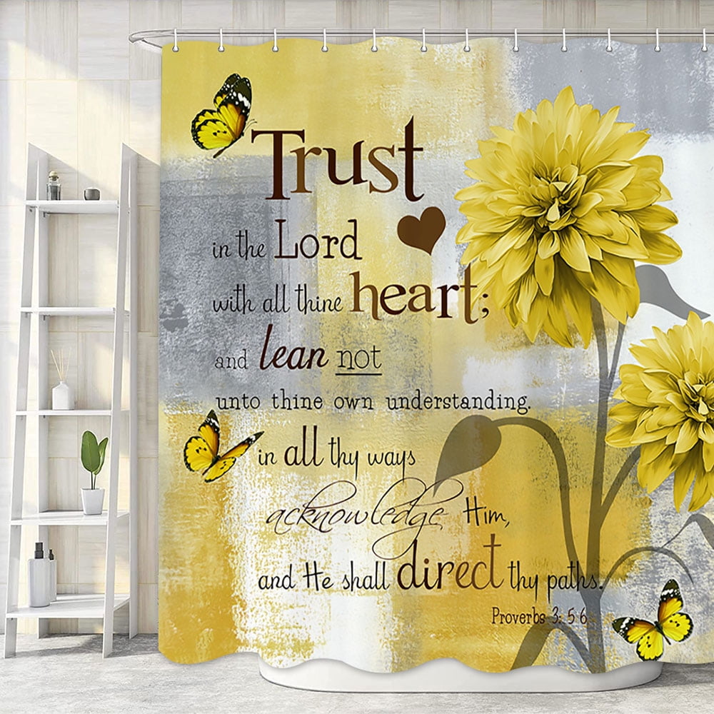 Yellow and Grey Floral Shower Curtain, Rustic Farmhouse Watercolor Dahlia Flower Bathroom Curtains, Modern Minimalist Bible Verse Inspirational Quote Fabric Bathroom Accessories with Hooks, 72X72in