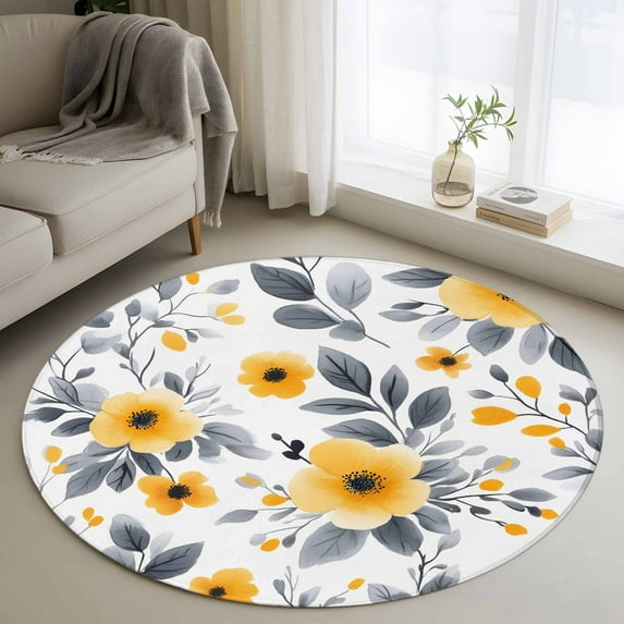 Yellow Grey Floral Spring Round Rug 3.3ft Washable Circle Entryway Rugs Non Slip Summer Botanical Elegant Area Rug Indoor Floor Carpet for Bedroom Kitchen Living Room Home Office Dining Room Nursery