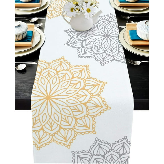 Yellow Grey Floral Table Runner 108 Inches Long,Cotton Linen Abstract Dahlia Flower Gray White Kitchen Dinner Dining Table Runners,Retro Mandala Burlap Tablerunner for Table/Dresser/Dining/Party Decor