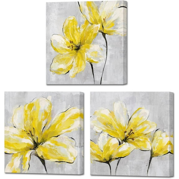 Yellow Grey Flower Canvas 3 Pieces Wall Art Abstract Lily Painting Home Decor Bedroom Bathroom Hang Decortations 12"x12"