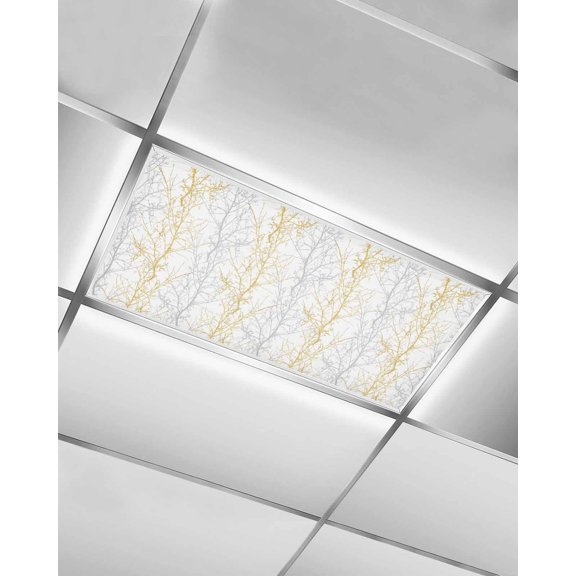 Yellow Grey Fluorescent Light Covers for Ceiling Lights 4x2 feet,1 Pack Magnetic Light Filters for Classroom,Pastoral Botanical Branch Aesthetics Fluorescent Light Shade Panel for Office School Drop