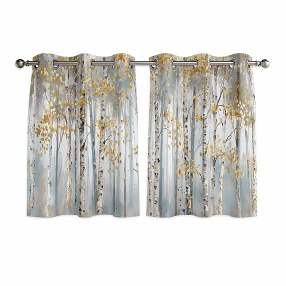 Yellow Grey Forest Kitchen Curtains Short 54 Inch Length, Grey Modern Art Oil Painting Grommet Top Bedroom Living Room Curtains, Light Filtering Cafe Curtain Drapes 2 Panels Set 84''x54''